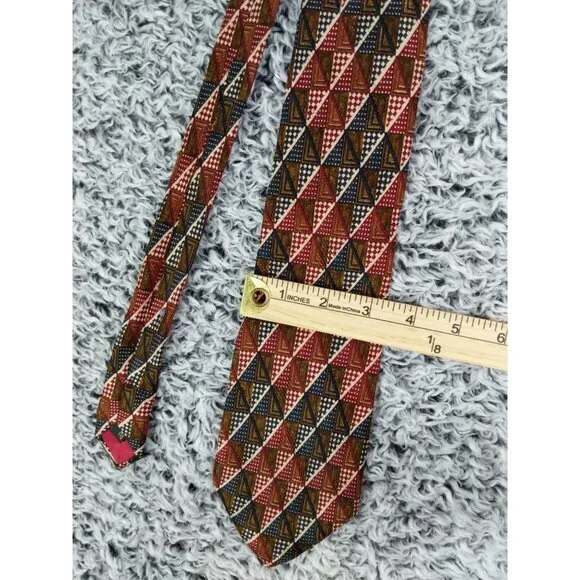 ERMENEGLIDO ZEGNA Tie 100% Silk Italy Classic 60 Red‎ Brown Geometric Rectangle